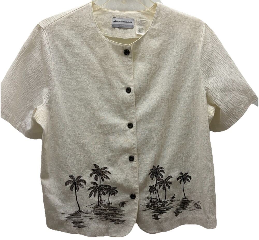 Alfred Dunner Petite 16P Cream Ivory Button Front Top Palm Tree Tropical